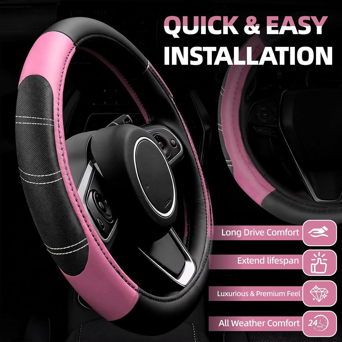 6 Pcs Pink Steering Wheel Cover Set, Sport Microfiber Leather Steering Wheel Cover 14.5-15inch Universal, Car Center Console Cover, Seat Belt Cushion, Cup Coasters, Pink Car Accessories Set