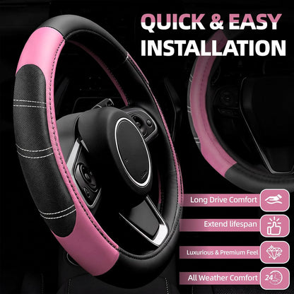 6 Pcs Pink Steering Wheel Cover Set, Sport Microfiber Leather Steering Wheel Cover 14.5-15inch Universal, Car Center Console Cover, Seat Belt Cushion, Cup Coasters, Pink Car Accessories Set