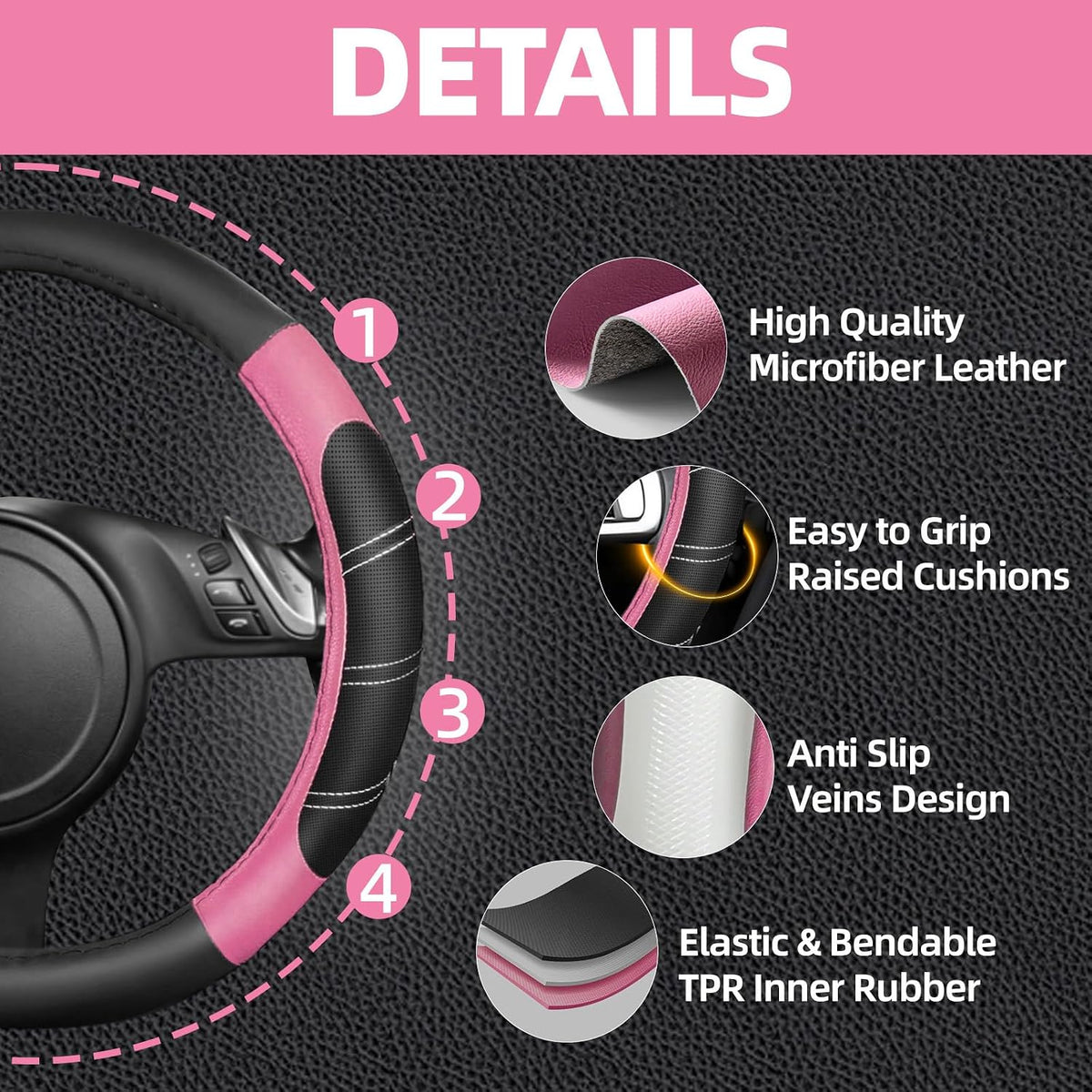 6 Pcs Pink Steering Wheel Cover Set, Sport Microfiber Leather Steering Wheel Cover 14.5-15inch Universal, Car Center Console Cover, Seat Belt Cushion, Cup Coasters, Pink Car Accessories Set