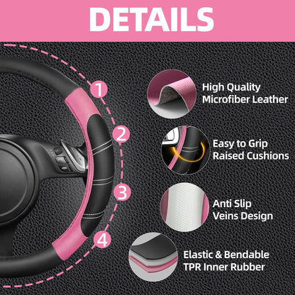 6 Pcs Pink Steering Wheel Cover Set, Sport Microfiber Leather Steering Wheel Cover 14.5-15inch Universal, Car Center Console Cover, Seat Belt Cushion, Cup Coasters, Pink Car Accessories Set