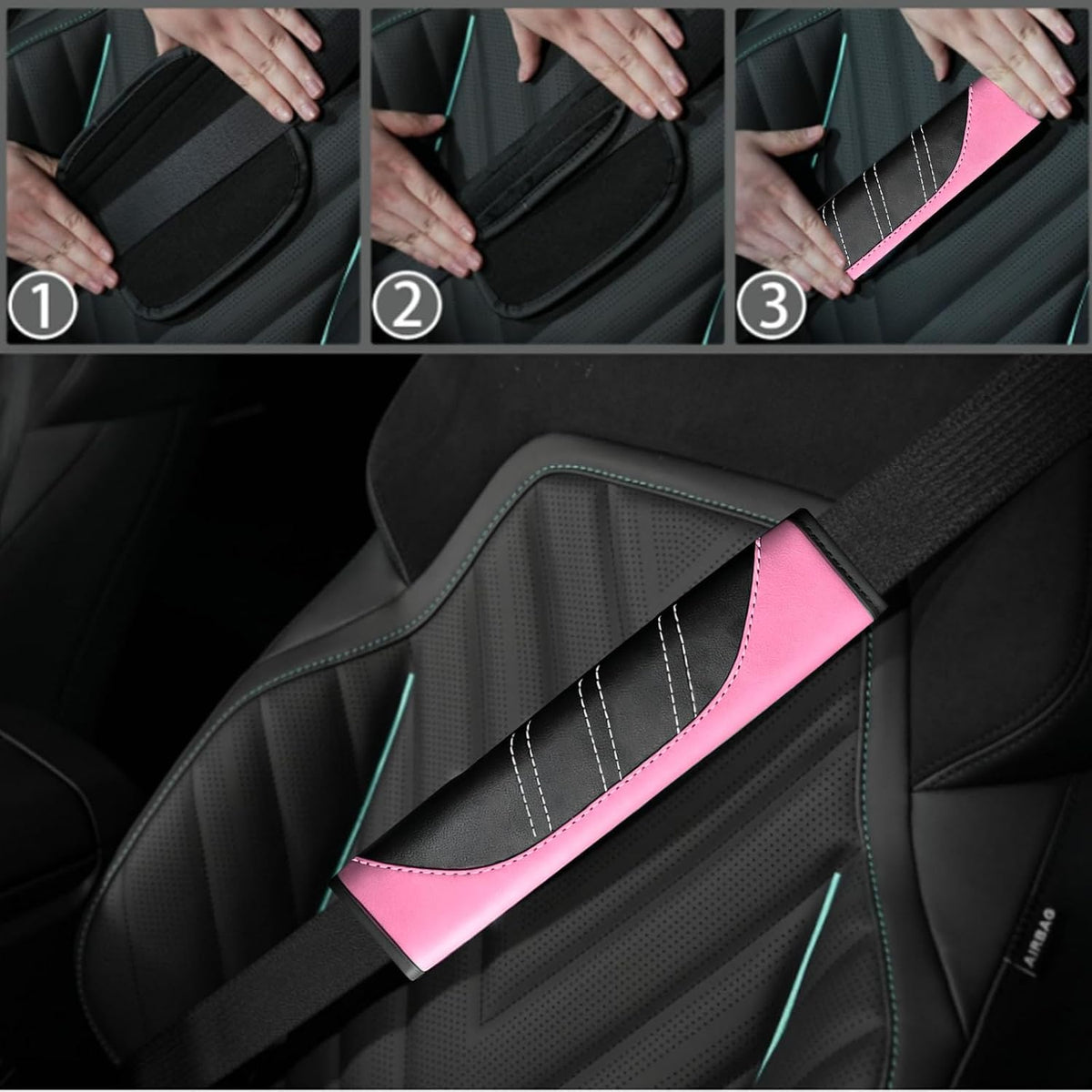 6 Pcs Pink Steering Wheel Cover Set, Sport Microfiber Leather Steering Wheel Cover 14.5-15inch Universal, Car Center Console Cover, Seat Belt Cushion, Cup Coasters, Pink Car Accessories Set