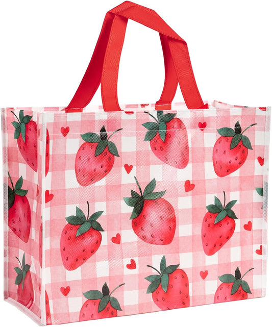 Starberry Reusable Gift Bag, Sweet Srawberry and Plaid Design Medium Recycled Pink Gift Bag for Girls, Kids, Birthday, Summer, Valentine's Day, Party Favor, 13" x 5" x 10", 1 Pcs