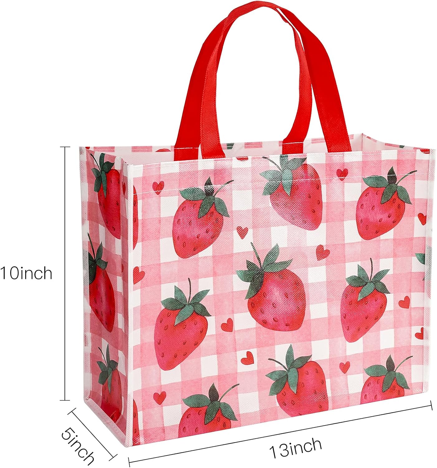 Starberry Reusable Gift Bag, Sweet Srawberry and Plaid Design Medium Recycled Pink Gift Bag for Girls, Kids, Birthday, Summer, Valentine's Day, Party Favor, 13" x 5" x 10", 1 Pcs