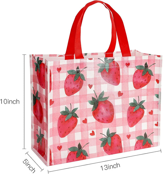 Starberry Reusable Gift Bag, Sweet Srawberry and Plaid Design Medium Recycled Pink Gift Bag for Girls, Kids, Birthday, Summer, Valentine's Day, Party Favor, 13" x 5" x 10", 1 Pcs
