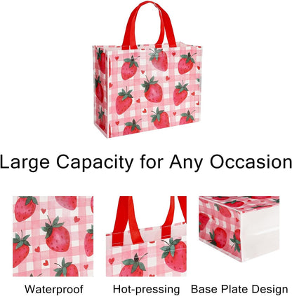 Starberry Reusable Gift Bag, Sweet Srawberry and Plaid Design Medium Recycled Pink Gift Bag for Girls, Kids, Birthday, Summer, Valentine's Day, Party Favor, 13" x 5" x 10", 1 Pcs