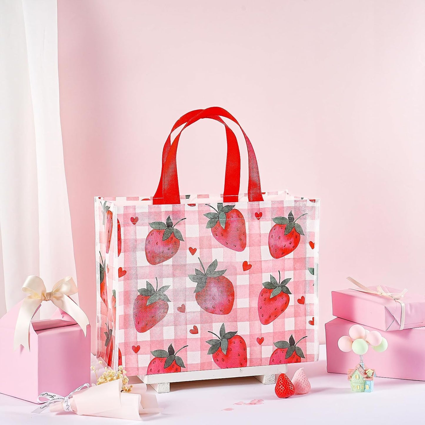 Starberry Reusable Gift Bag, Sweet Srawberry and Plaid Design Medium Recycled Pink Gift Bag for Girls, Kids, Birthday, Summer, Valentine's Day, Party Favor, 13" x 5" x 10", 1 Pcs