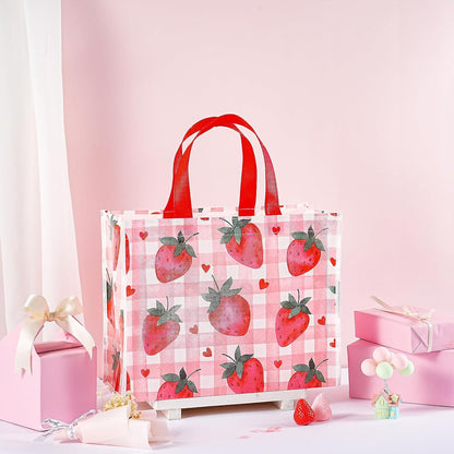 Starberry Reusable Gift Bag, Sweet Srawberry and Plaid Design Medium Recycled Pink Gift Bag for Girls, Kids, Birthday, Summer, Valentine's Day, Party Favor, 13" x 5" x 10", 1 Pcs