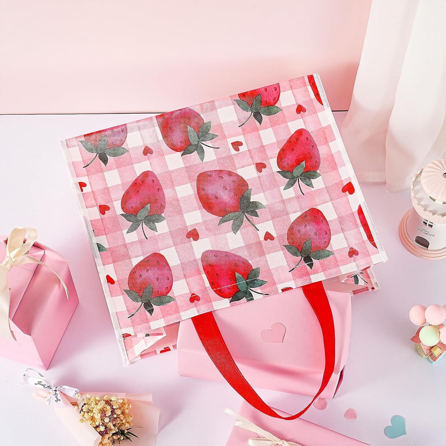 Starberry Reusable Gift Bag, Sweet Srawberry and Plaid Design Medium Recycled Pink Gift Bag for Girls, Kids, Birthday, Summer, Valentine's Day, Party Favor, 13" x 5" x 10", 1 Pcs
