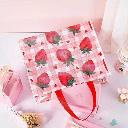 Starberry Reusable Gift Bag, Sweet Srawberry and Plaid Design Medium Recycled Pink Gift Bag for Girls, Kids, Birthday, Summer, Valentine's Day, Party Favor, 13" x 5" x 10", 1 Pcs