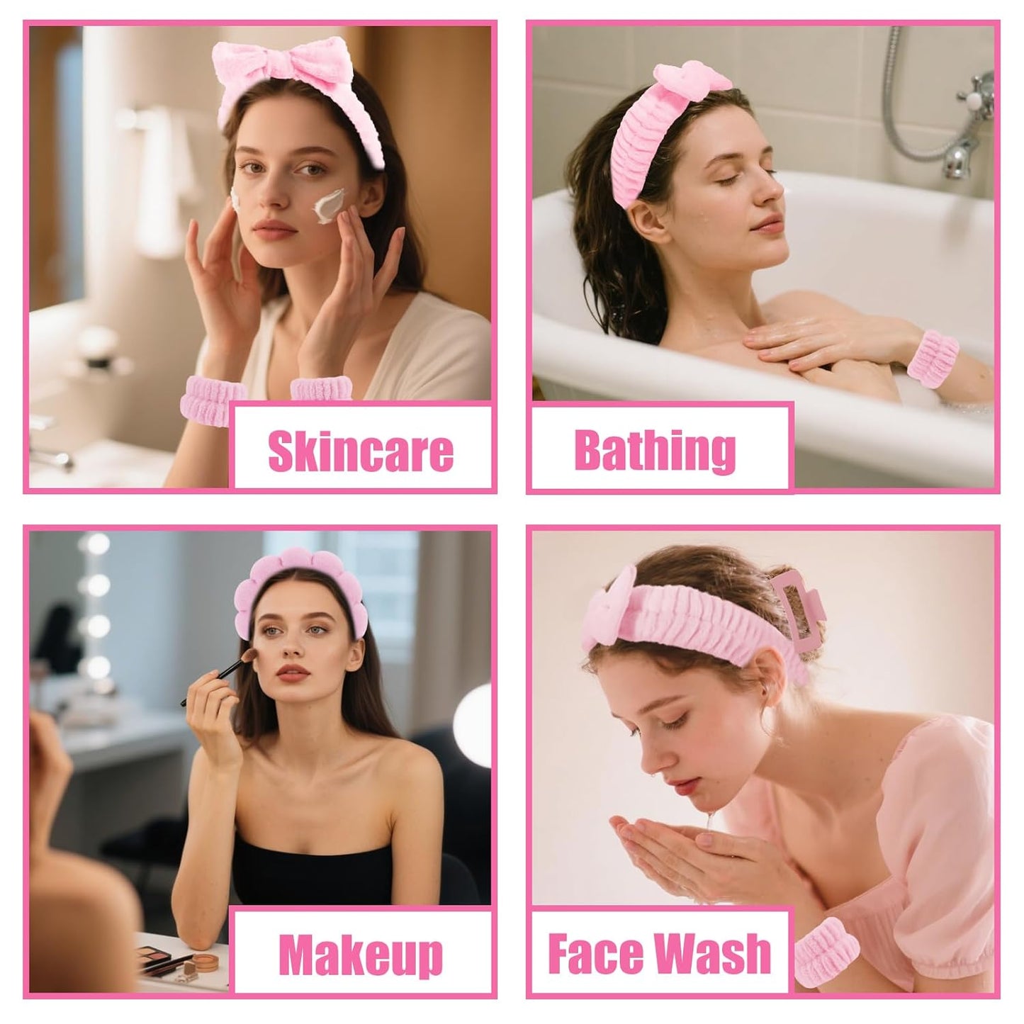 Spa Headband Wrist Bands Hair Clips Set Skincare Makeup Self Skin Care for Women Washing Face Teens Teenager Tween Clean Girl Gifts Cute Trendy Stuff Things Pink Stocking Stuffers