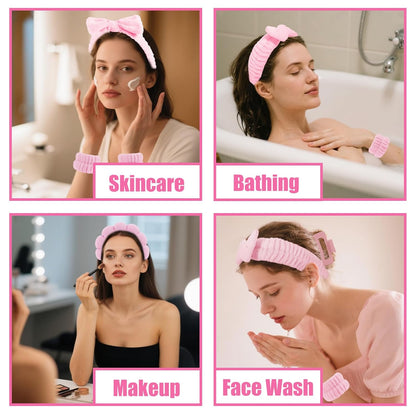 Spa Headband Wrist Bands Hair Clips Set Skincare Makeup Self Skin Care for Women Washing Face Teens Teenager Tween Clean Girl Gifts Cute Trendy Stuff Things Pink Stocking Stuffers