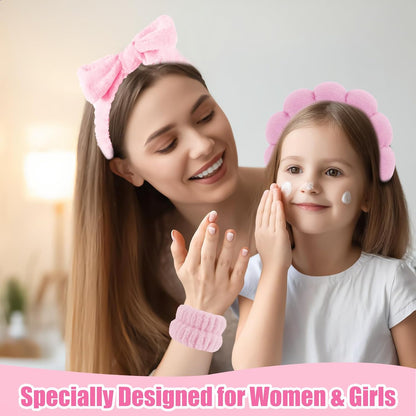 Spa Headband Wrist Bands Hair Clips Set Skincare Makeup Self Skin Care for Women Washing Face Teens Teenager Tween Clean Girl Gifts Cute Trendy Stuff Things Pink Stocking Stuffers