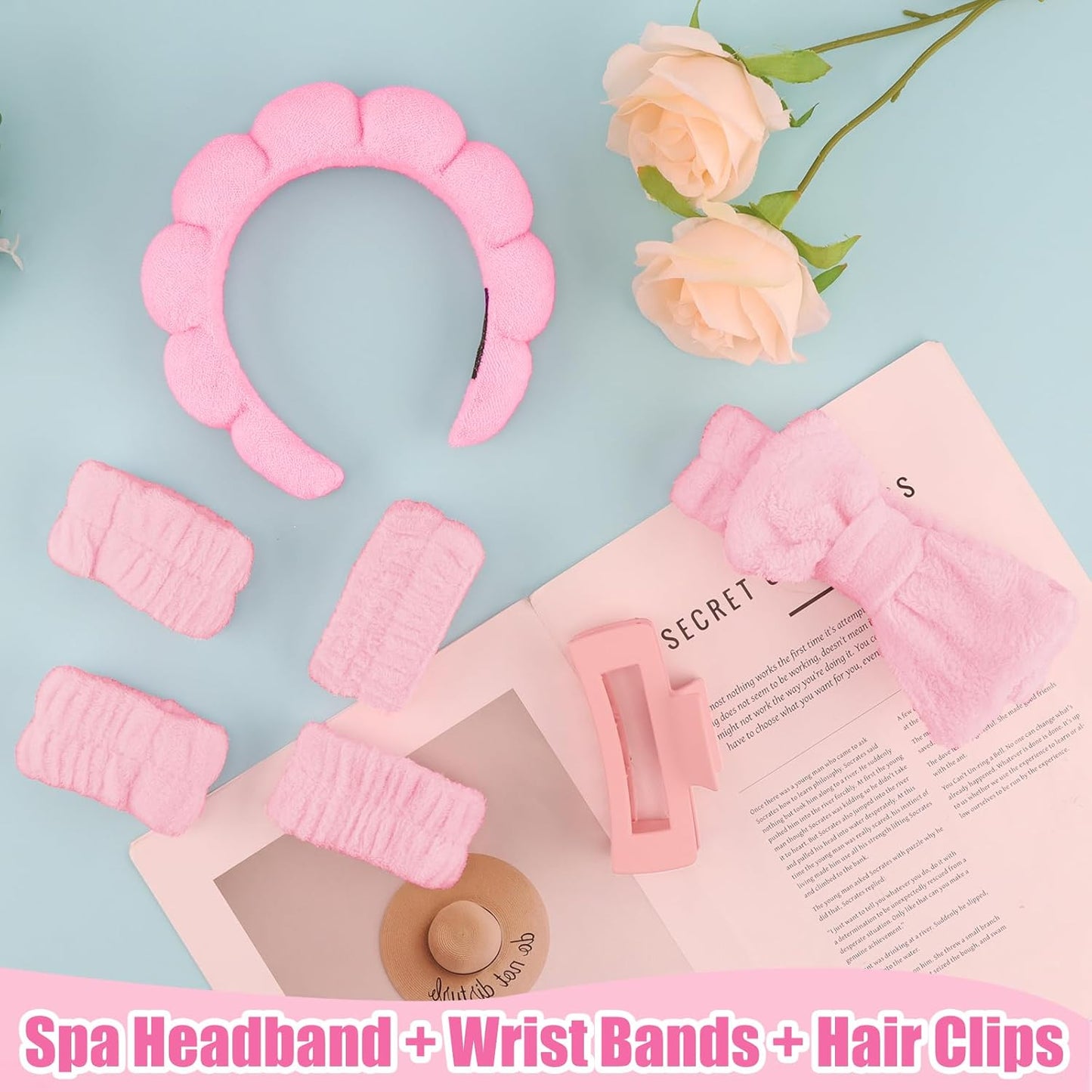 Spa Headband Wrist Bands Hair Clips Set Skincare Makeup Self Skin Care for Women Washing Face Teens Teenager Tween Clean Girl Gifts Cute Trendy Stuff Things Pink Stocking Stuffers