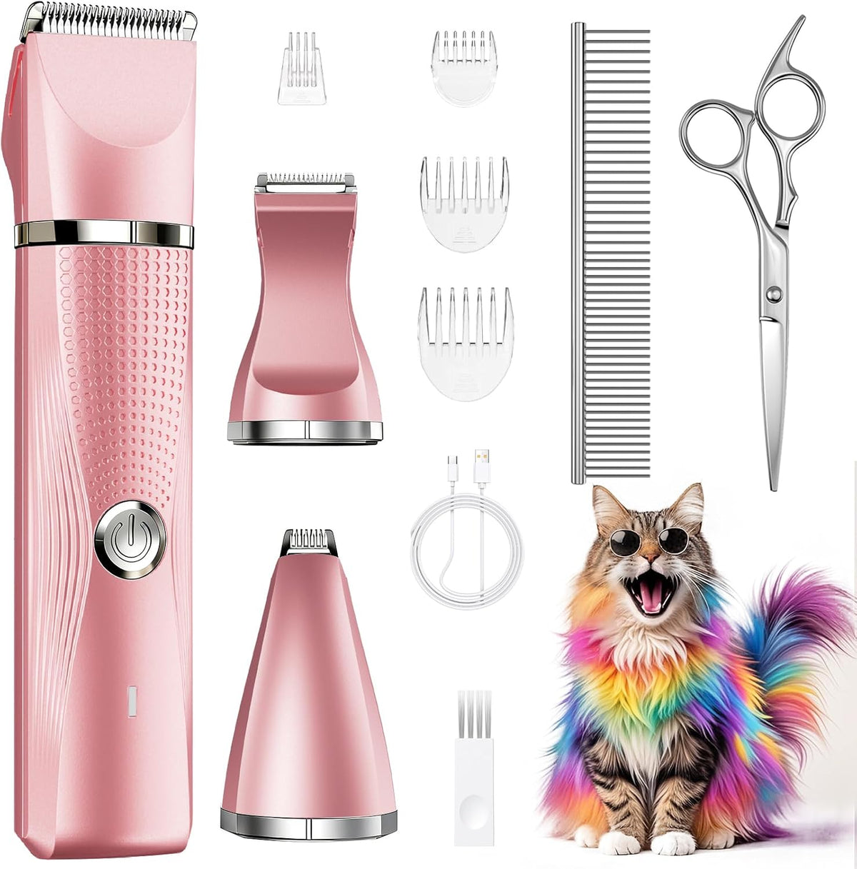 Cat Grooming Clippers Kit with Paw Trimmer, 3 in 1 Electric Pet Hair Trimmer Supplies for Thick Matted Hair, Heavy Coat Butt Shaver Cat Razor Fur Trimmer for Dogs at Home (Pink)