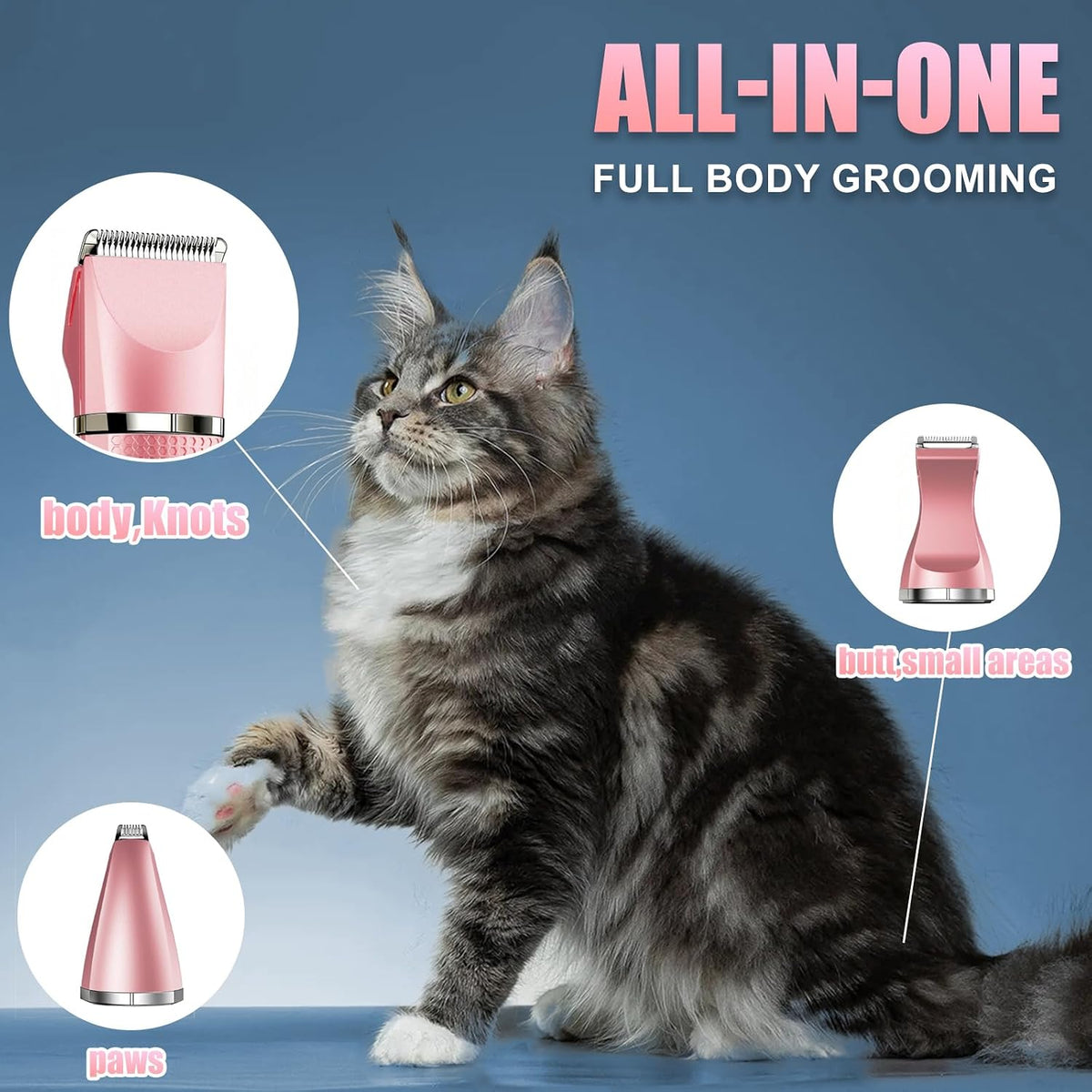 Cat Grooming Clippers Kit with Paw Trimmer, 3 in 1 Electric Pet Hair Trimmer Supplies for Thick Matted Hair, Heavy Coat Butt Shaver Cat Razor Fur Trimmer for Dogs at Home (Pink)