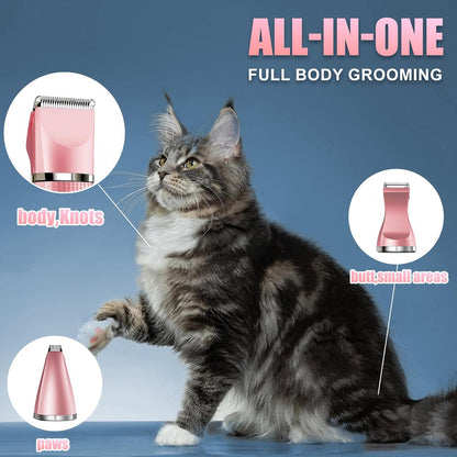 Cat Grooming Clippers Kit with Paw Trimmer, 3 in 1 Electric Pet Hair Trimmer Supplies for Thick Matted Hair, Heavy Coat Butt Shaver Cat Razor Fur Trimmer for Dogs at Home (Pink)