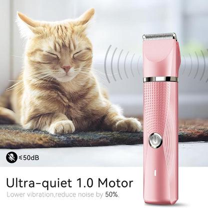 Cat Grooming Clippers Kit with Paw Trimmer, 3 in 1 Electric Pet Hair Trimmer Supplies for Thick Matted Hair, Heavy Coat Butt Shaver Cat Razor Fur Trimmer for Dogs at Home (Pink)