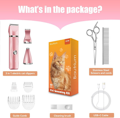 Cat Grooming Clippers Kit with Paw Trimmer, 3 in 1 Electric Pet Hair Trimmer Supplies for Thick Matted Hair, Heavy Coat Butt Shaver Cat Razor Fur Trimmer for Dogs at Home (Pink)