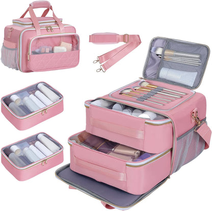 Large Makeup Bag, Travel Toiletry Bag with Zipper, Multifunctional Compartments Cosmetics Bag, for Toiletries, Cosmetics, Brushes & Beauty Tools (Pink)