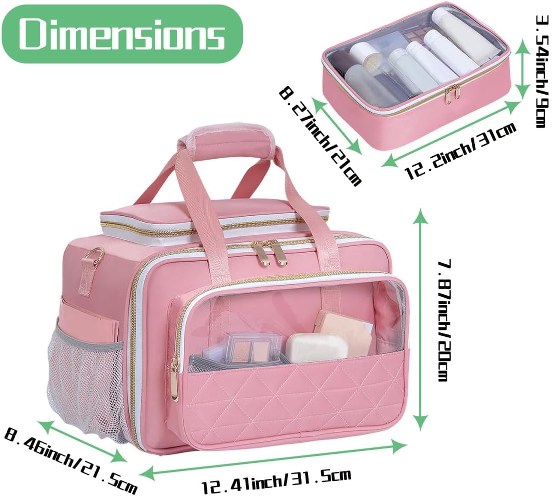 Large Makeup Bag, Travel Toiletry Bag with Zipper, Multifunctional Compartments Cosmetics Bag, for Toiletries, Cosmetics, Brushes & Beauty Tools (Pink)