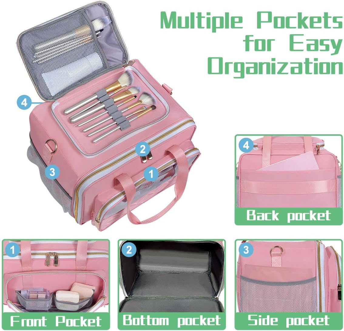 Large Makeup Bag, Travel Toiletry Bag with Zipper, Multifunctional Compartments Cosmetics Bag, for Toiletries, Cosmetics, Brushes & Beauty Tools (Pink)