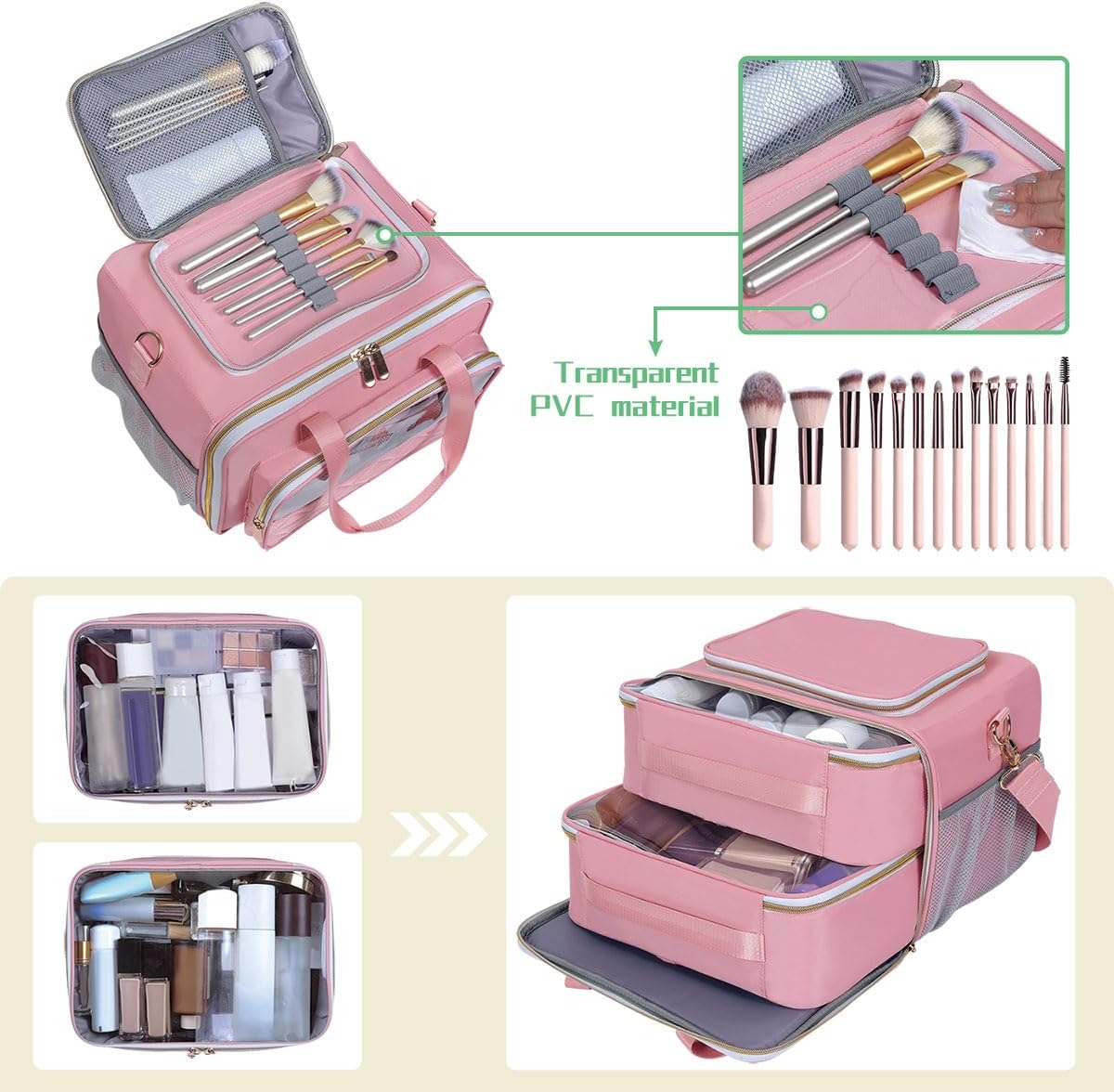 Large Makeup Bag, Travel Toiletry Bag with Zipper, Multifunctional Compartments Cosmetics Bag, for Toiletries, Cosmetics, Brushes & Beauty Tools (Pink)