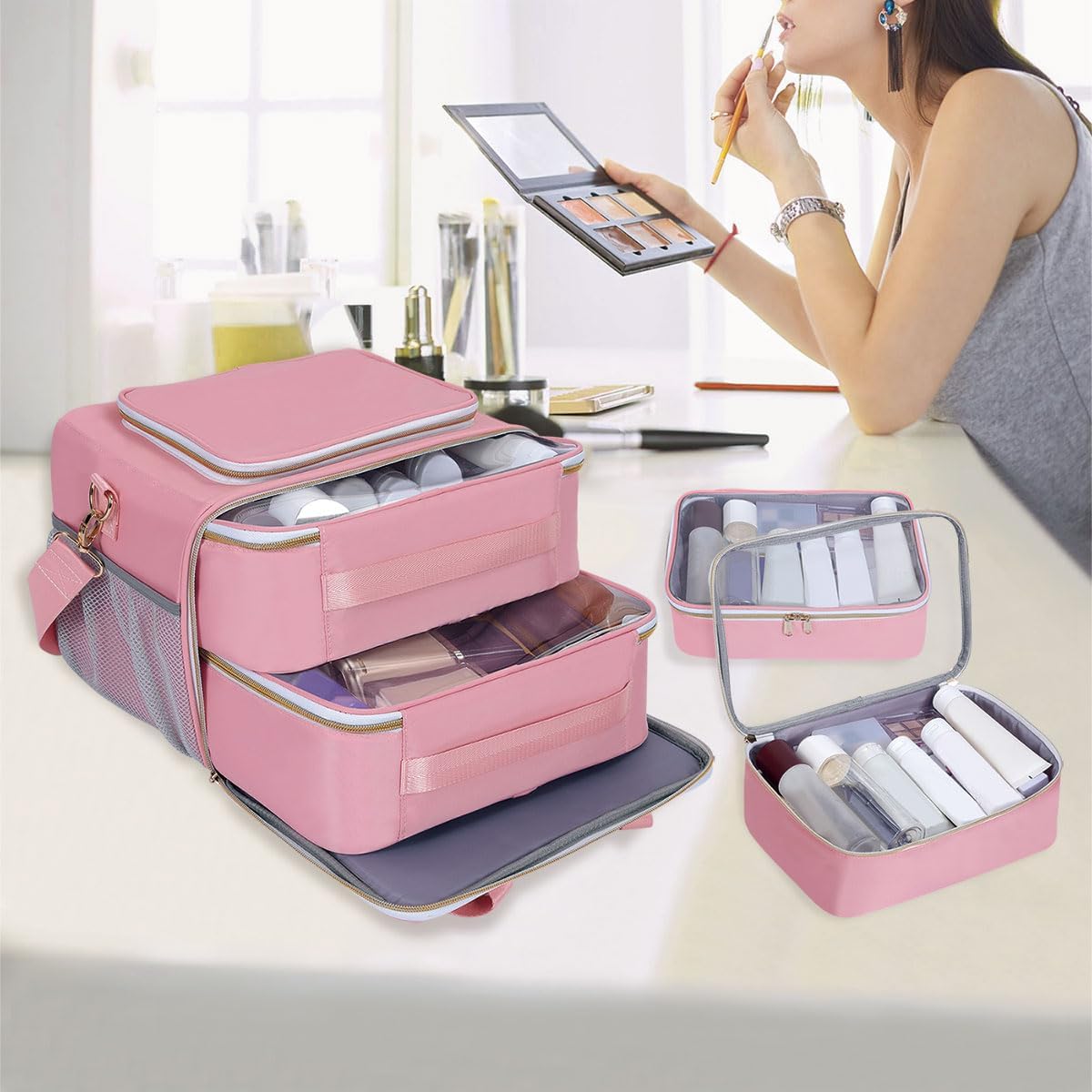 Large Makeup Bag, Travel Toiletry Bag with Zipper, Multifunctional Compartments Cosmetics Bag, for Toiletries, Cosmetics, Brushes & Beauty Tools (Pink)