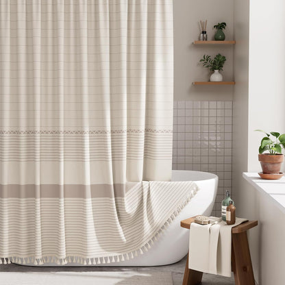 Boho Shower Curtain, Modern Farmhouse Shower Curtain Set with Tassels, Rustic Faux Linen Pink Striped Shower Curtain with Hooks, Light Tan Toned, 72x72 Inches
