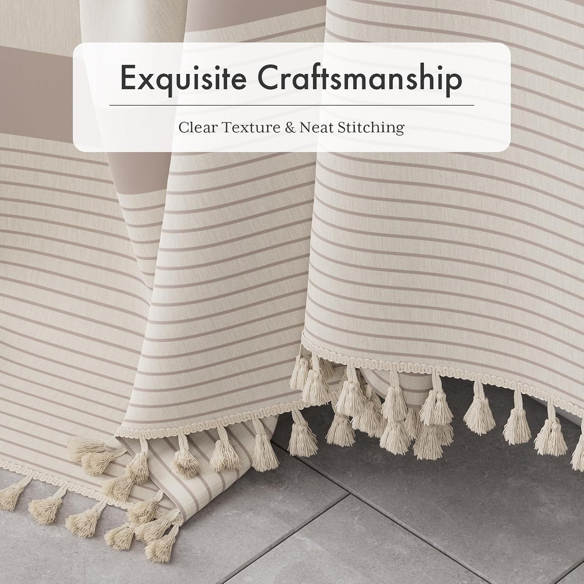 Boho Shower Curtain, Modern Farmhouse Shower Curtain Set with Tassels, Rustic Faux Linen Pink Striped Shower Curtain with Hooks, Light Tan Toned, 72x72 Inches