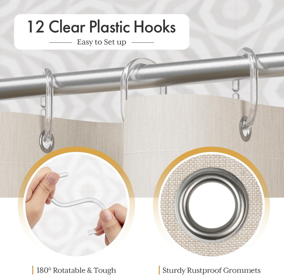 Boho Shower Curtain, Modern Farmhouse Shower Curtain Set with Tassels, Rustic Faux Linen Pink Striped Shower Curtain with Hooks, Light Tan Toned, 72x72 Inches