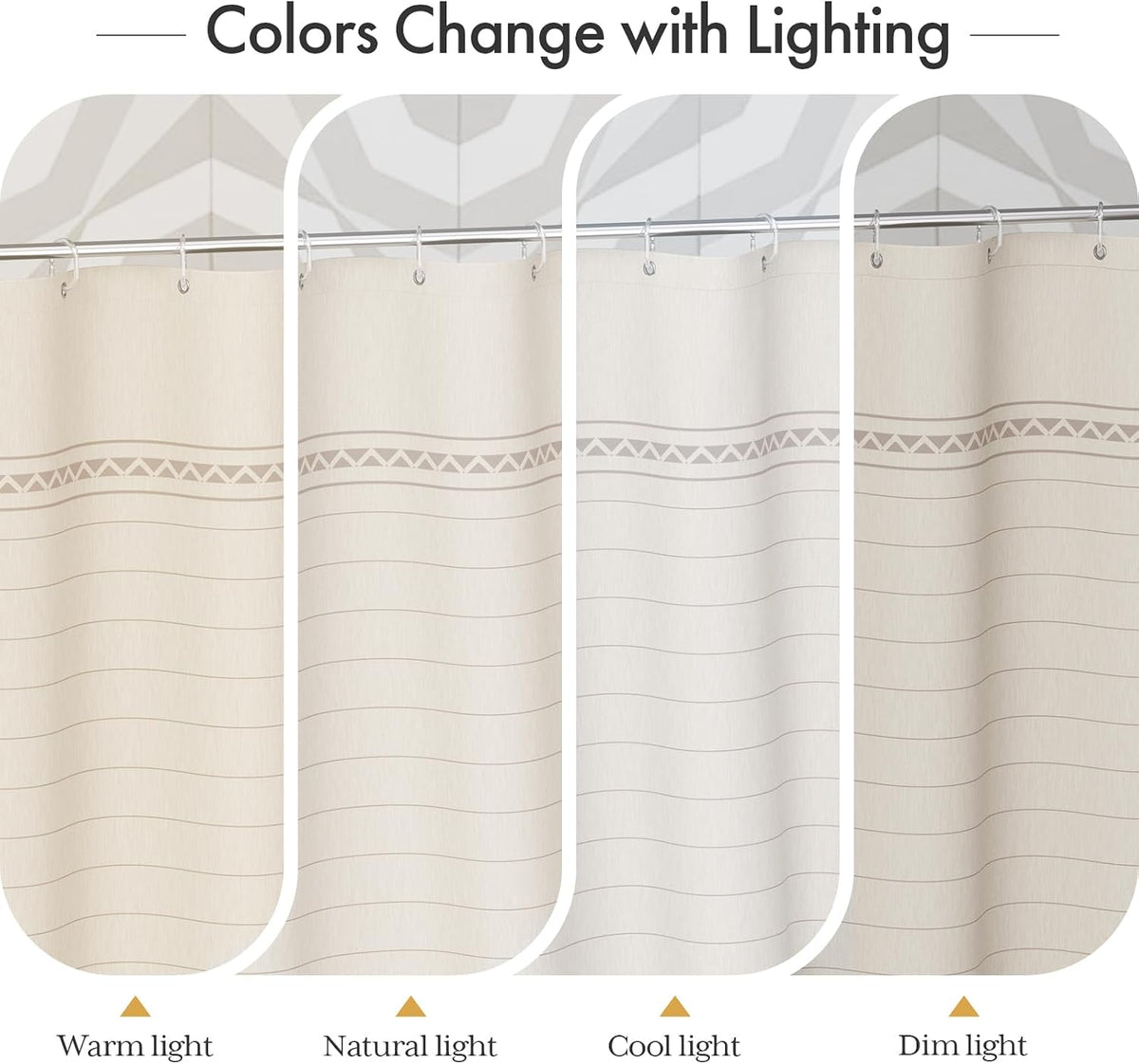 Boho Shower Curtain, Modern Farmhouse Shower Curtain Set with Tassels, Rustic Faux Linen Pink Striped Shower Curtain with Hooks, Light Tan Toned, 72x72 Inches