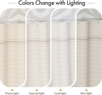 Boho Shower Curtain, Modern Farmhouse Shower Curtain Set with Tassels, Rustic Faux Linen Pink Striped Shower Curtain with Hooks, Light Tan Toned, 72x72 Inches