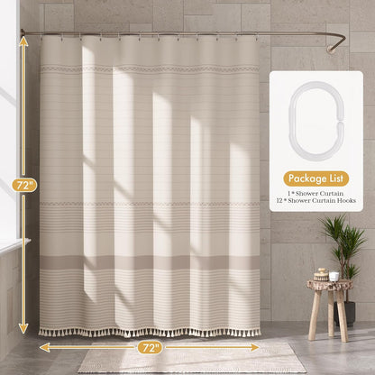 Boho Shower Curtain, Modern Farmhouse Shower Curtain Set with Tassels, Rustic Faux Linen Pink Striped Shower Curtain with Hooks, Light Tan Toned, 72x72 Inches