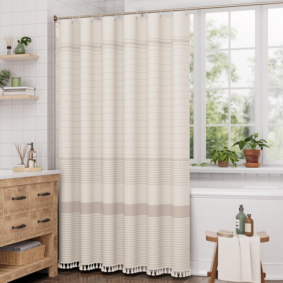 Boho Shower Curtain, Modern Farmhouse Shower Curtain Set with Tassels, Rustic Faux Linen Pink Striped Shower Curtain with Hooks, Light Tan Toned, 72x72 Inches