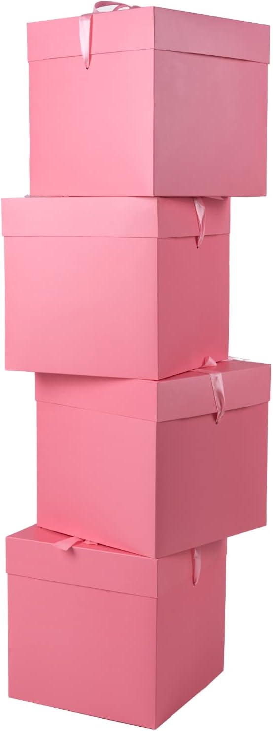 Elephant-package 8.7" Medium Birthday Gift Boxes with Lid and Ribbon, Square Gift Boxes - 4 Pcs (Pink), Bridal Showers, Weddings, Baby Showers, Party Favor Boxes