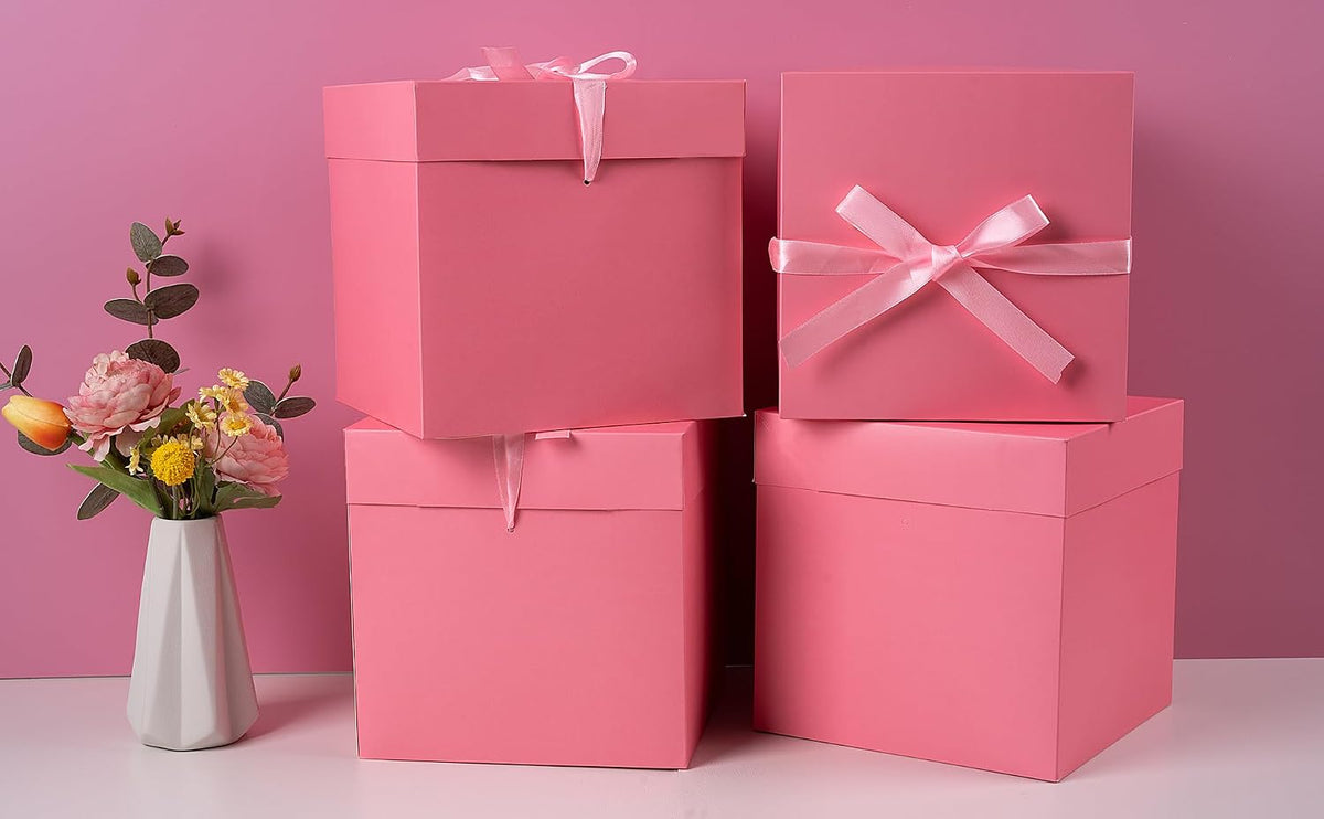 Elephant-package 8.7" Medium Birthday Gift Boxes with Lid and Ribbon, Square Gift Boxes - 4 Pcs (Pink), Bridal Showers, Weddings, Baby Showers, Party Favor Boxes