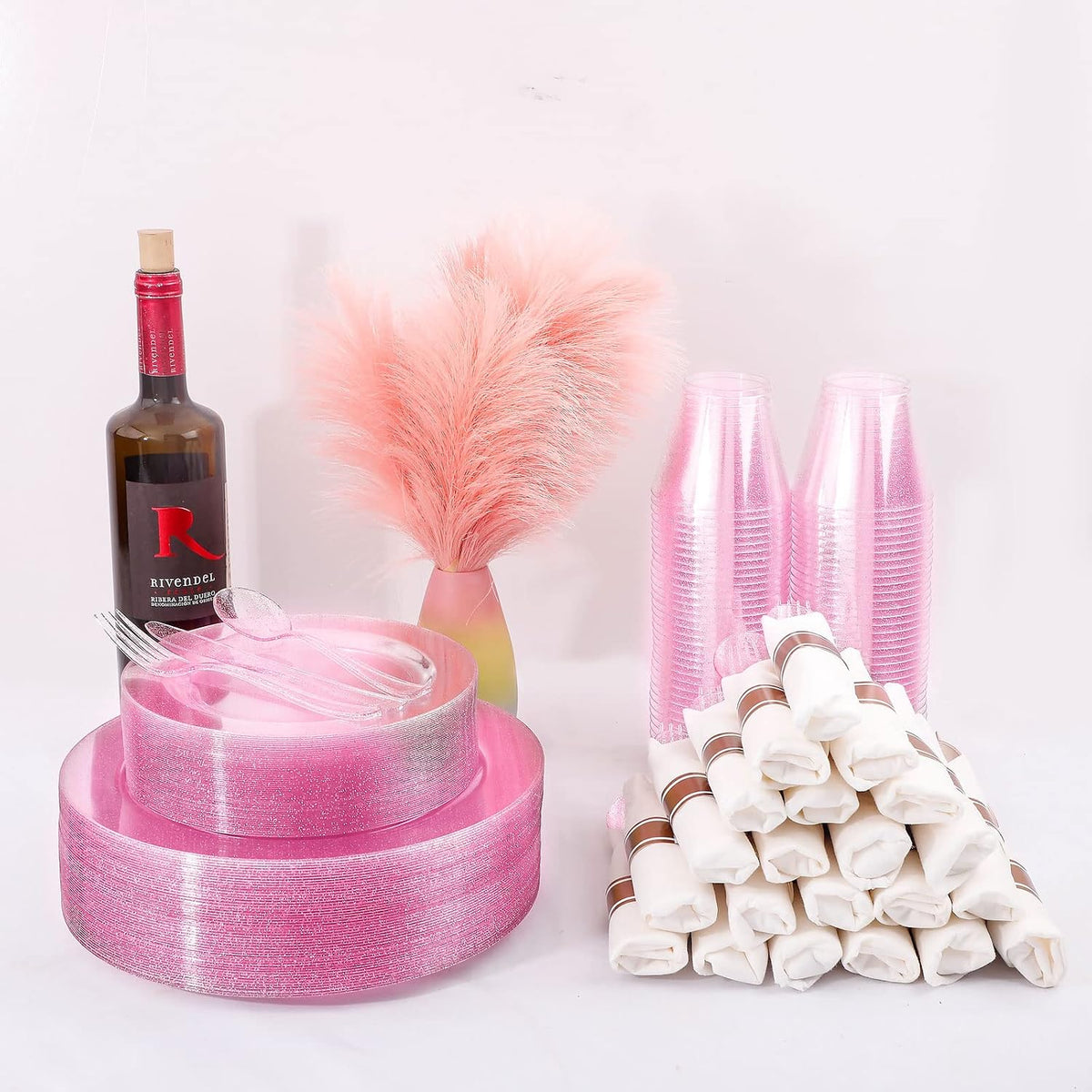 DaYammi 350PCS Rose Gold Glitter Plastic Dinnerware Set for 50 Guests