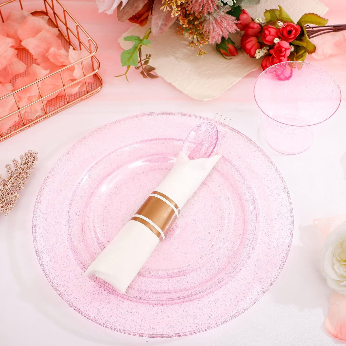 DaYammi 350PCS Rose Gold Glitter Plastic Dinnerware Set for 50 Guests