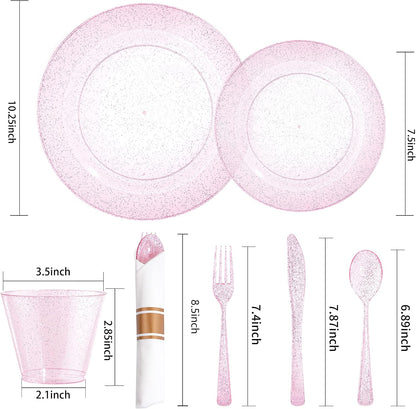 DaYammi 350PCS Rose Gold Glitter Plastic Dinnerware Set for 50 Guests