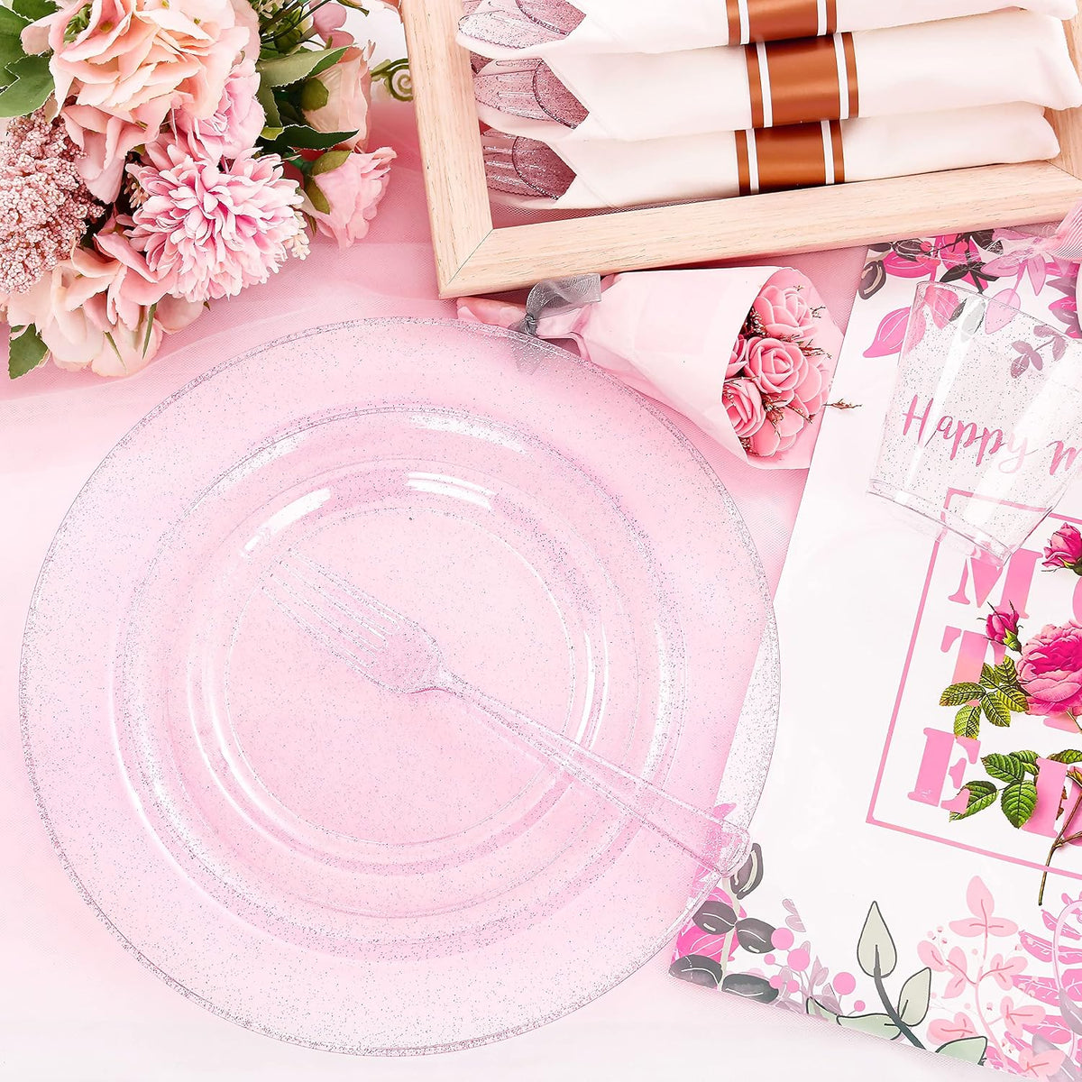 DaYammi 350PCS Rose Gold Glitter Plastic Dinnerware Set for 50 Guests