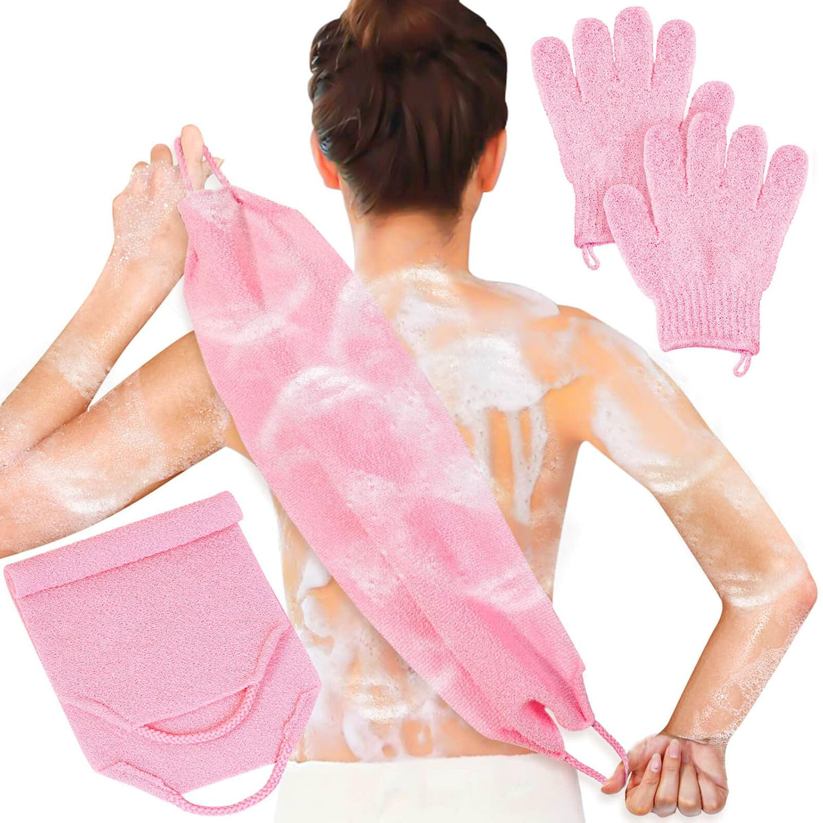 Exfoliating Shower Bath Gloves Back Scrubber Set for Body, Face, Shower, Bath, Scrub and Exfoliator (Pink)