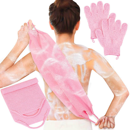 Exfoliating Shower Bath Gloves Back Scrubber Set for Body, Face, Shower, Bath, Scrub and Exfoliator (Pink)