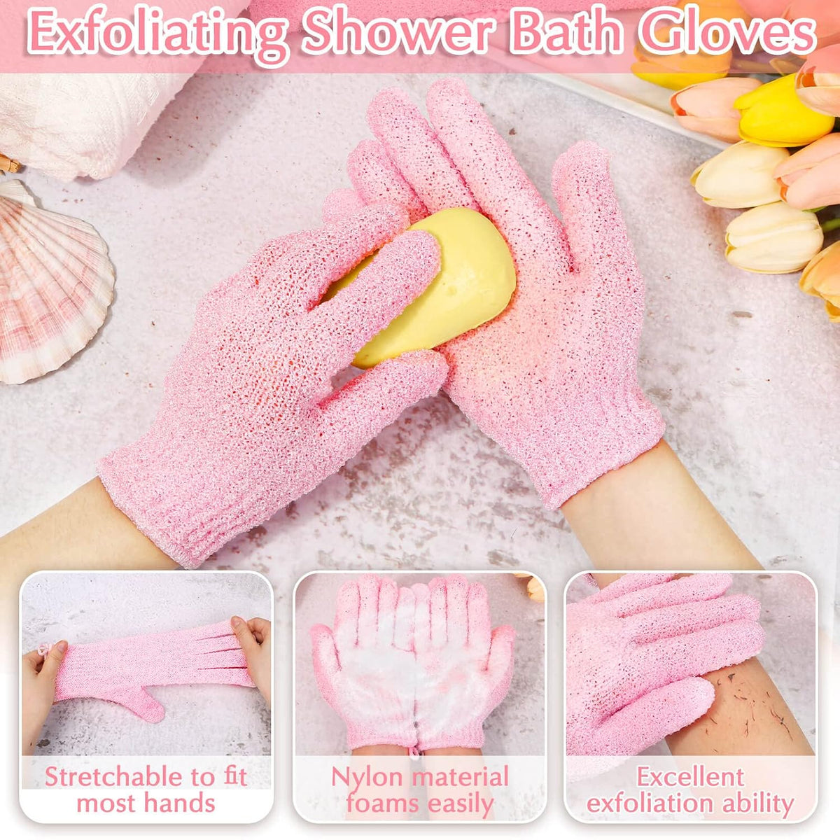 Exfoliating Shower Bath Gloves Back Scrubber Set for Body, Face, Shower, Bath, Scrub and Exfoliator (Pink)