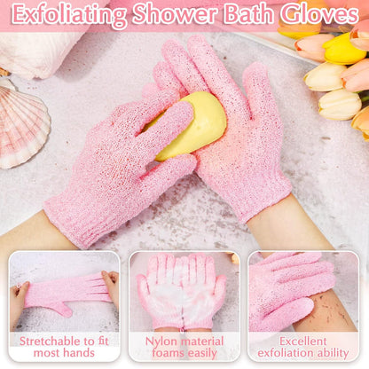 Exfoliating Shower Bath Gloves Back Scrubber Set for Body, Face, Shower, Bath, Scrub and Exfoliator (Pink)