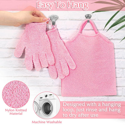 Exfoliating Shower Bath Gloves Back Scrubber Set for Body, Face, Shower, Bath, Scrub and Exfoliator (Pink)