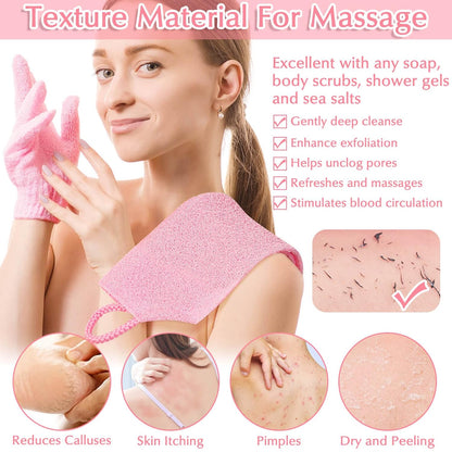 Exfoliating Shower Bath Gloves Back Scrubber Set for Body, Face, Shower, Bath, Scrub and Exfoliator (Pink)