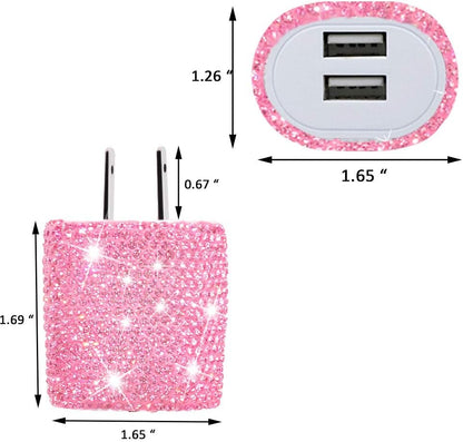 USB Wall Charger Bling 5V/2.4A 24W Dual Port Fast Charger Plug Cell Phone Block Adapter Pink for iPhone Android Samsung iPad Tablet etc.