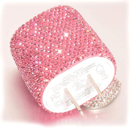 USB Wall Charger Bling 5V/2.4A 24W Dual Port Fast Charger Plug Cell Phone Block Adapter Pink for iPhone Android Samsung iPad Tablet etc.