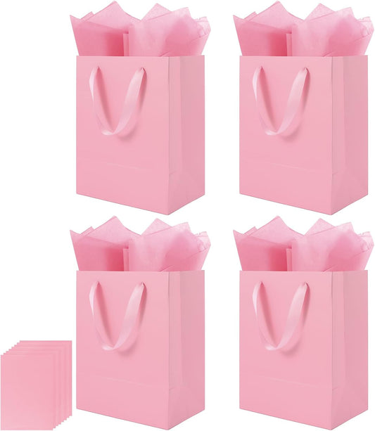 4 Pack Pink Gift Bags Handles and 8 Tissue Paper, Medium Size 8 X 5 X10 Inch Paper Bag for Birthday Party, Baby Shower, Wedding Favors or Mother's Day