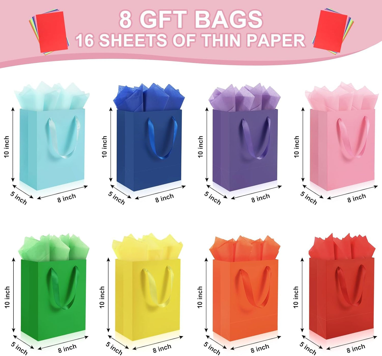 4 Pack Pink Gift Bags Handles and 8 Tissue Paper, Medium Size 8 X 5 X10 Inch Paper Bag for Birthday Party, Baby Shower, Wedding Favors or Mother's Day